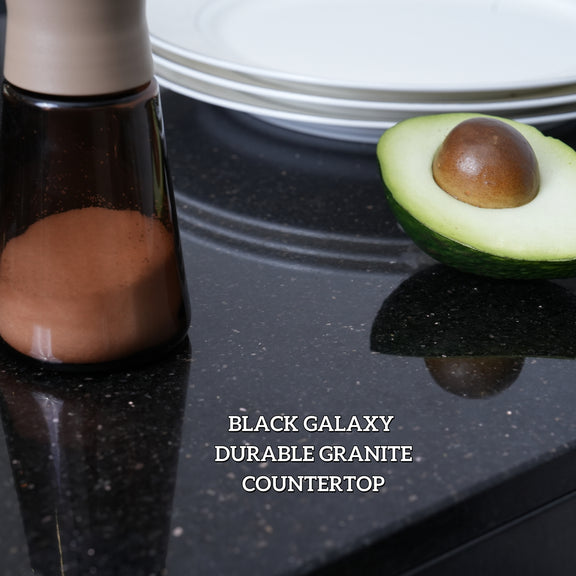 Black Galaxy granite countertop with polished finish for outdoor kitchen use.