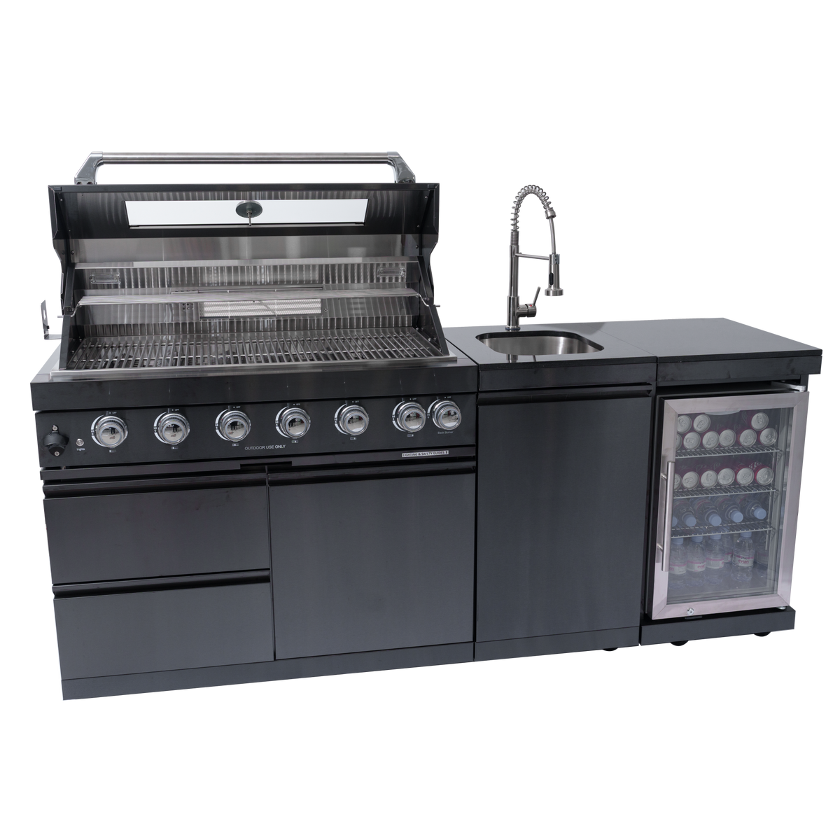 Black stainless steel outdoor kitchen with grill, sink, and outdoor refrigerator.