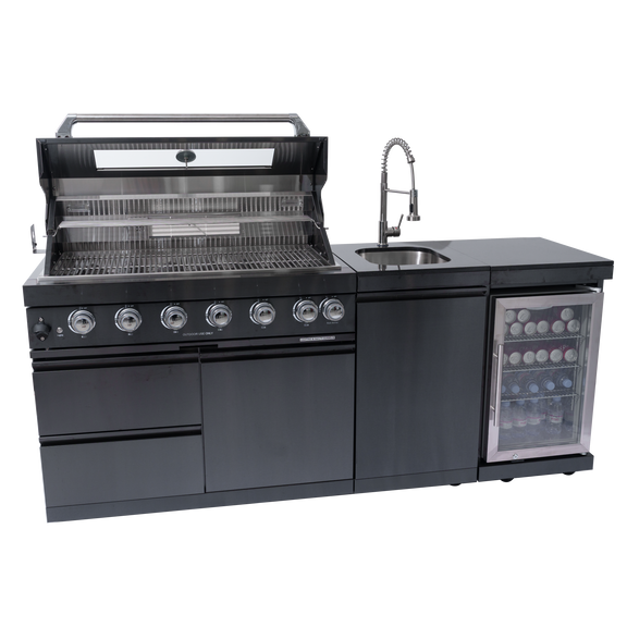 Black stainless steel outdoor kitchen with grill, sink, and outdoor refrigerator.
