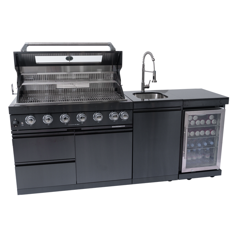 Black stainless steel outdoor kitchen with grill, sink, and outdoor refrigerator.