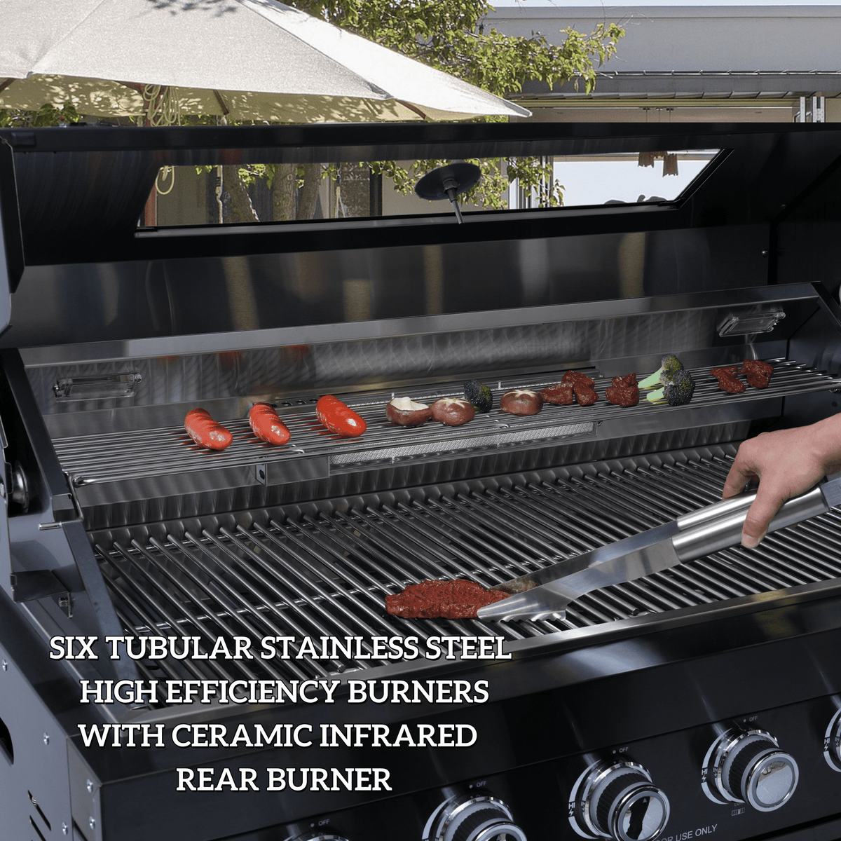 Stainless steel grill with six burners and ceramic infrared rear burner.
