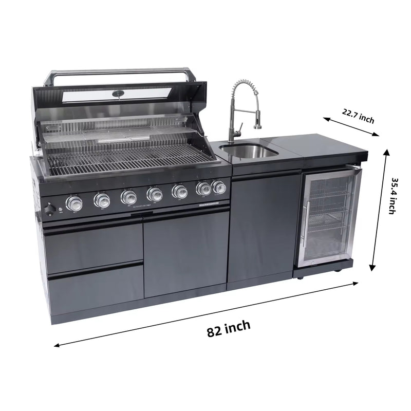 Black stainless steel modular outdoor kitchen showing dimensions and layout.