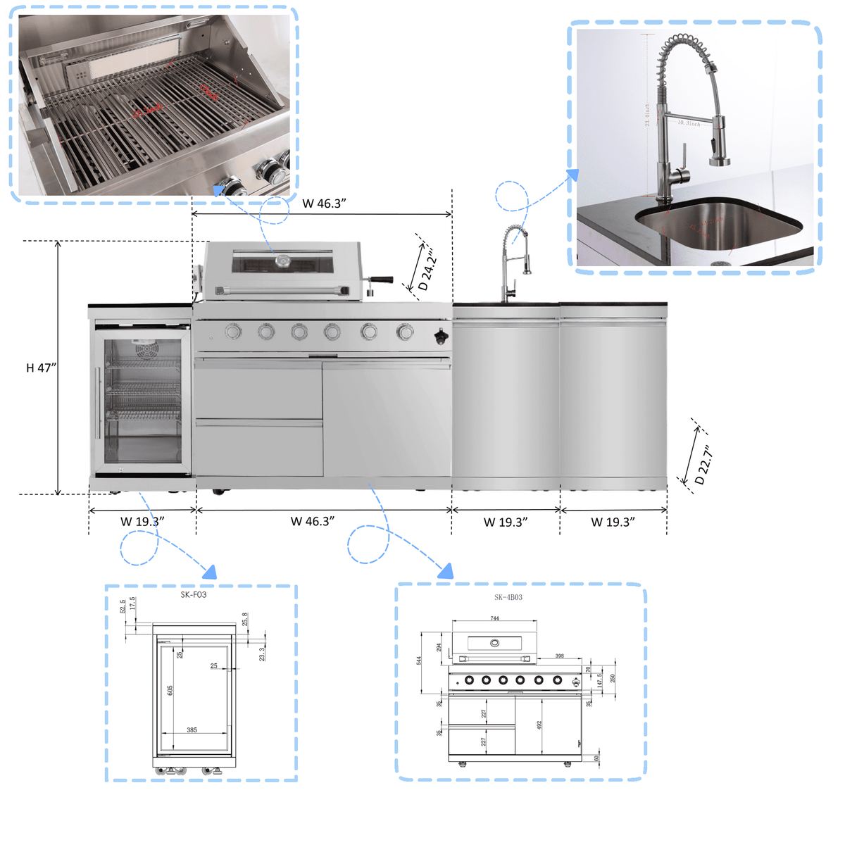 Modular outdoor kitchen units including grill module, refrigerator module, and sink module.