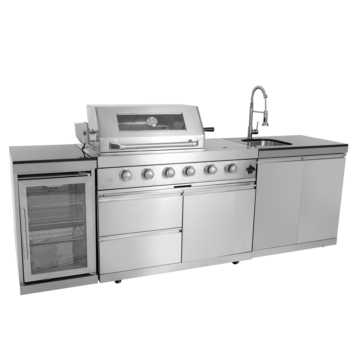  Dublin outdoor kitchen with 304 stainless steel grill, sink, refrigerator, and Black Galaxy granite countertop.