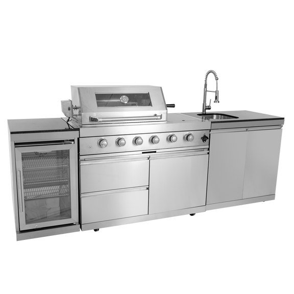  Dublin outdoor kitchen with 304 stainless steel grill, sink, refrigerator, and Black Galaxy granite countertop.