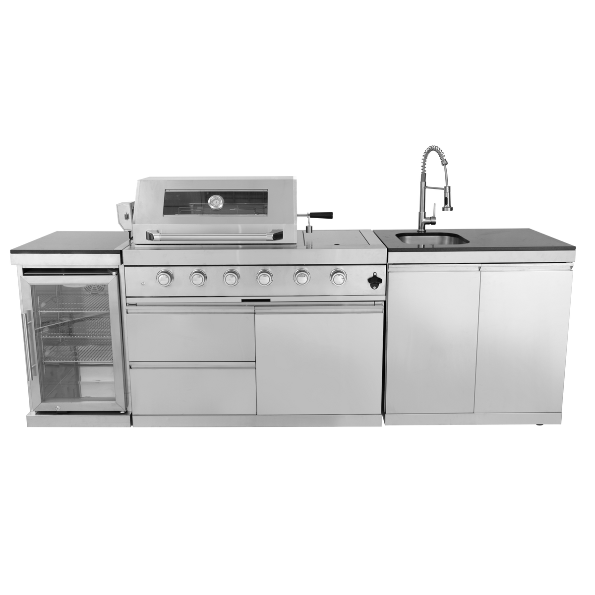Dublin outdoor kitchen installed on patio with grill, refrigerator, granite countertop, and sink.