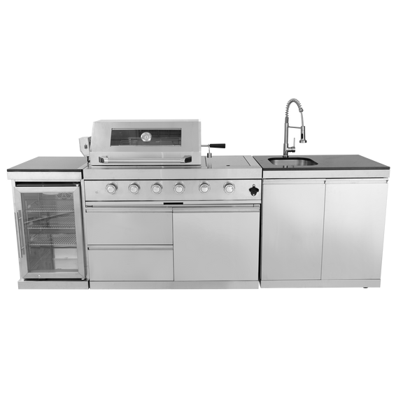 Dublin outdoor kitchen installed on patio with grill, refrigerator, granite countertop, and sink.