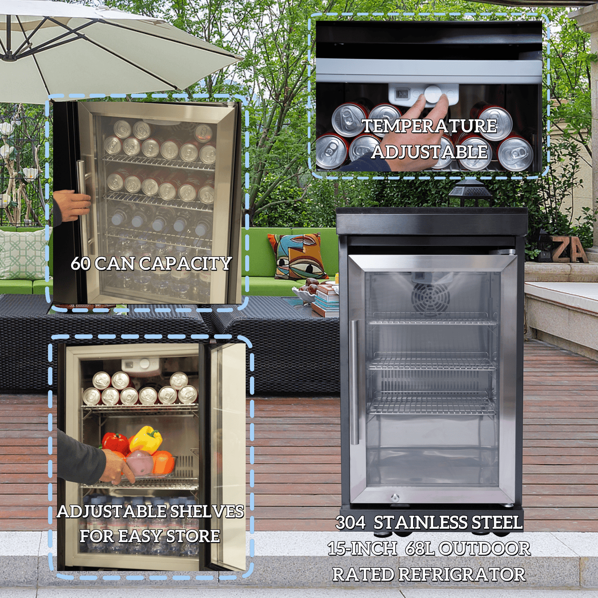 Outdoor refrigerator with glass door, temperature controls, and can storage.