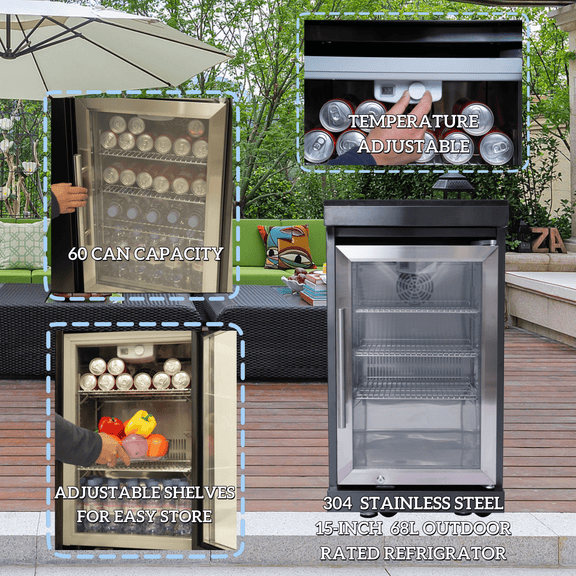 Outdoor refrigerator with glass door, temperature controls, and can storage.