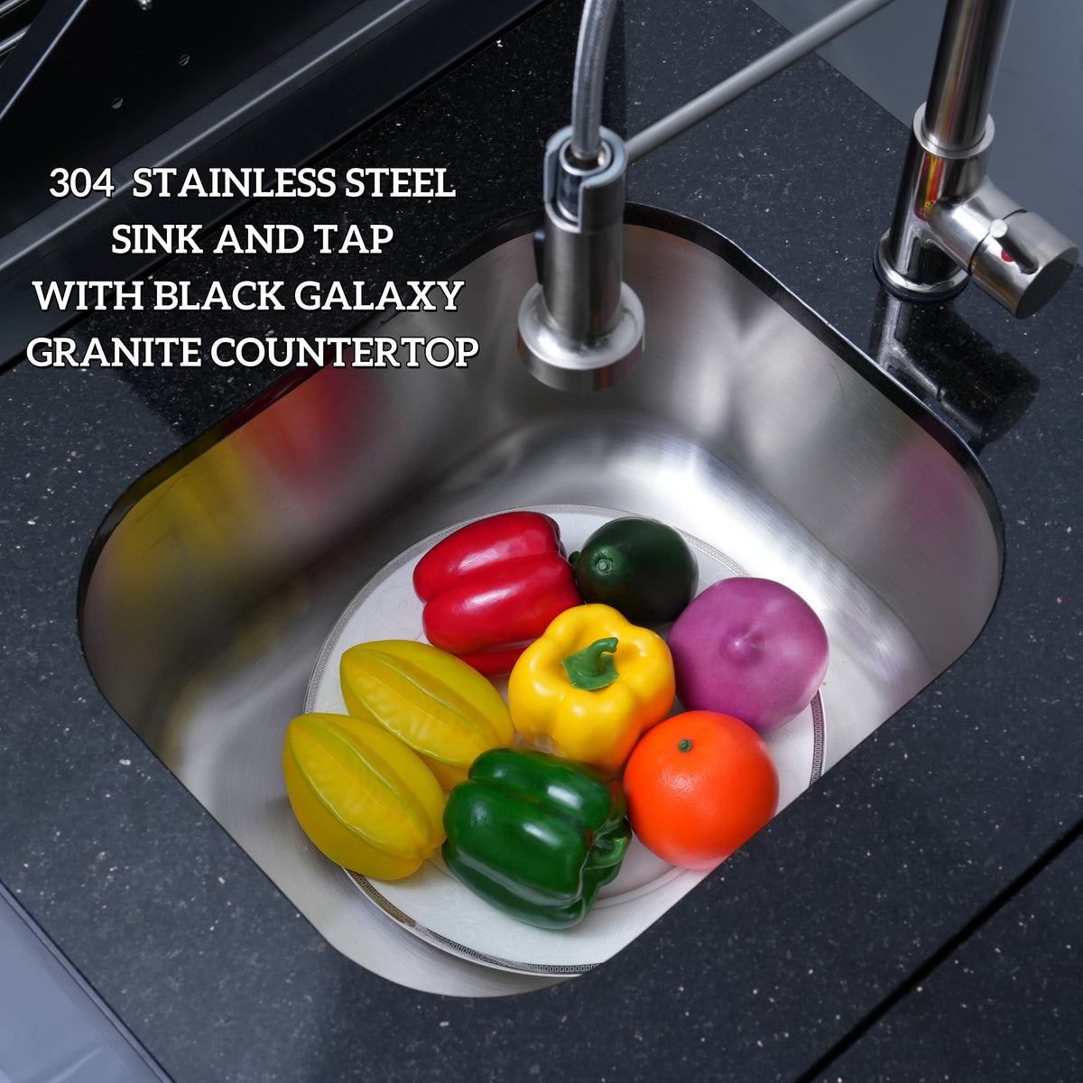 304 stainless steel outdoor sink with high-arc swivel faucet and granite countertop.