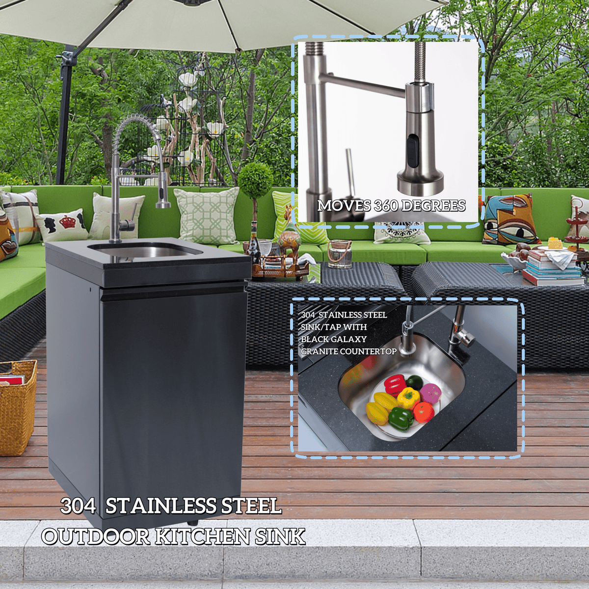 Black stainless steel outdoor sink with 360-degree swivel faucet and granite countertop.