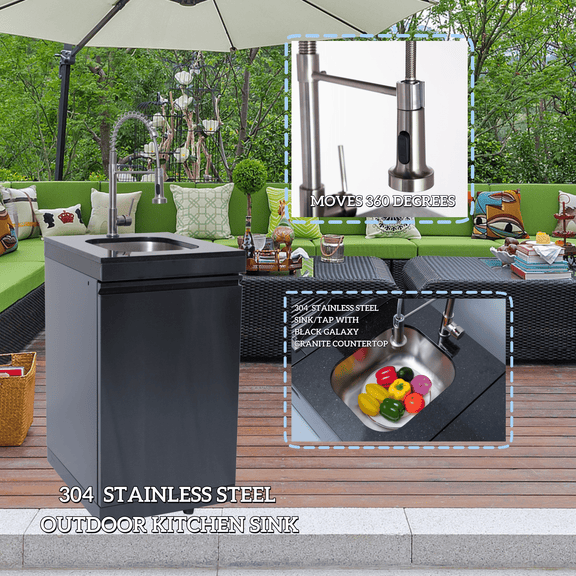 Black stainless steel outdoor sink with 360-degree swivel faucet and granite countertop.