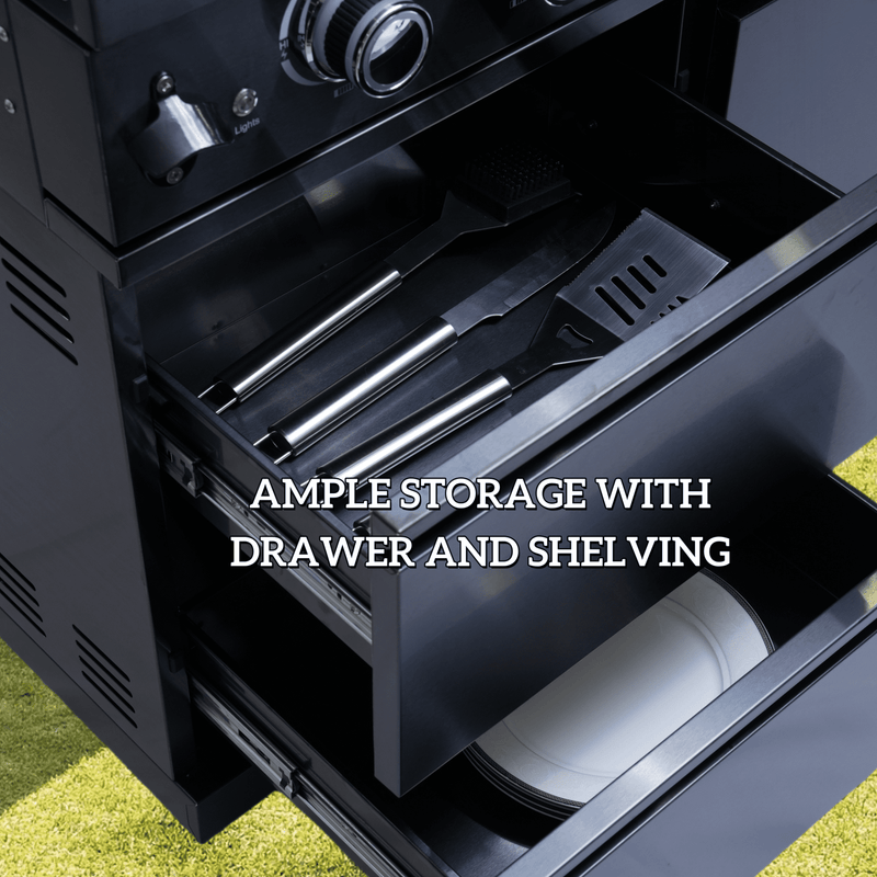 Outdoor grill storage drawers with utensils and shelving space.